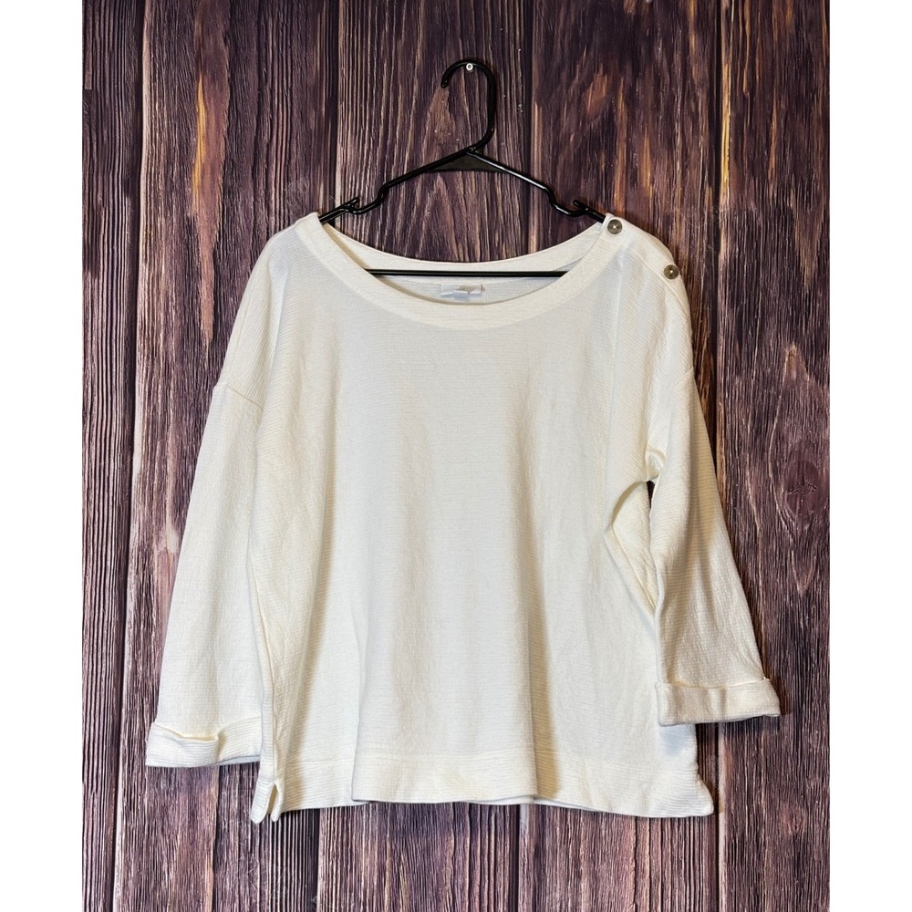 J Jill Waffle Knit Button Top Womens L Cream Quarter Sleeve Casual Comfortable